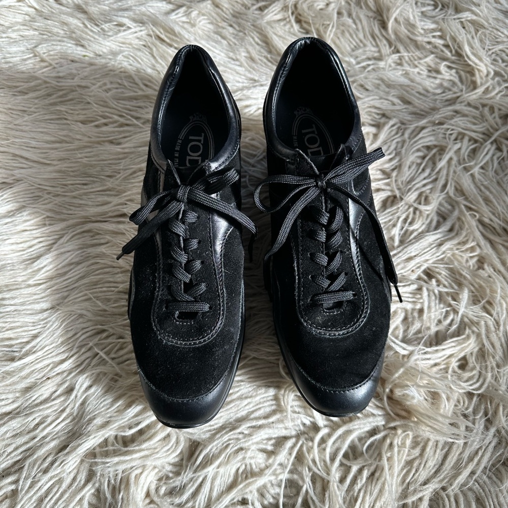 Tod's Black Suede and Leather Lace-Up Wedge Sneakers